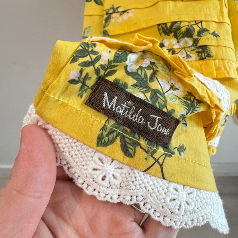 Matilda Jane Girls Yellow Swiss Dot Floral Lace Collar Dress Size 10 - Picture 7 of 7